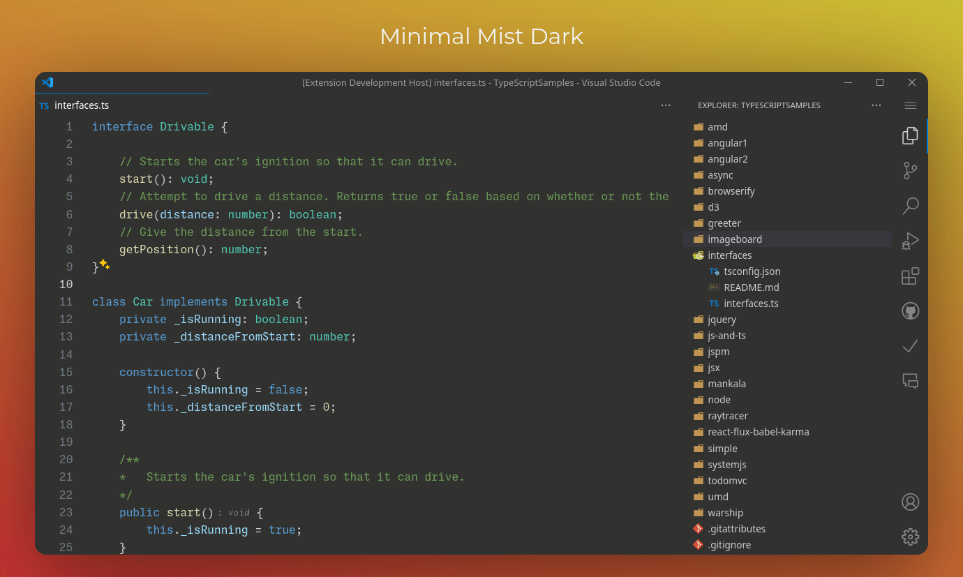 Screenshot of VSCode with Minimal Mist theme in dark mode, editing a TypeScript file