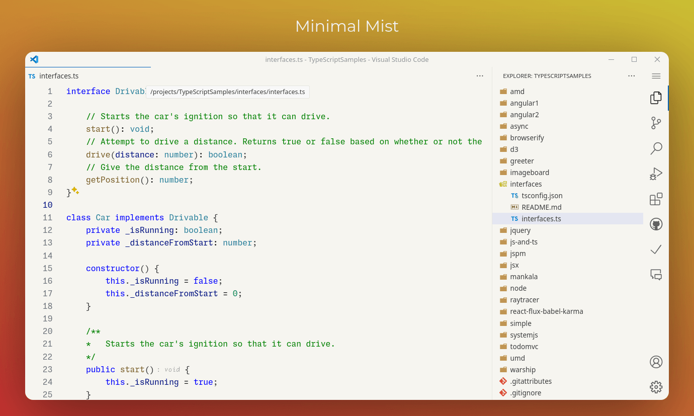 Screenshot of VSCode with Minimal Mist theme in light mode, editing a TypeScript file
