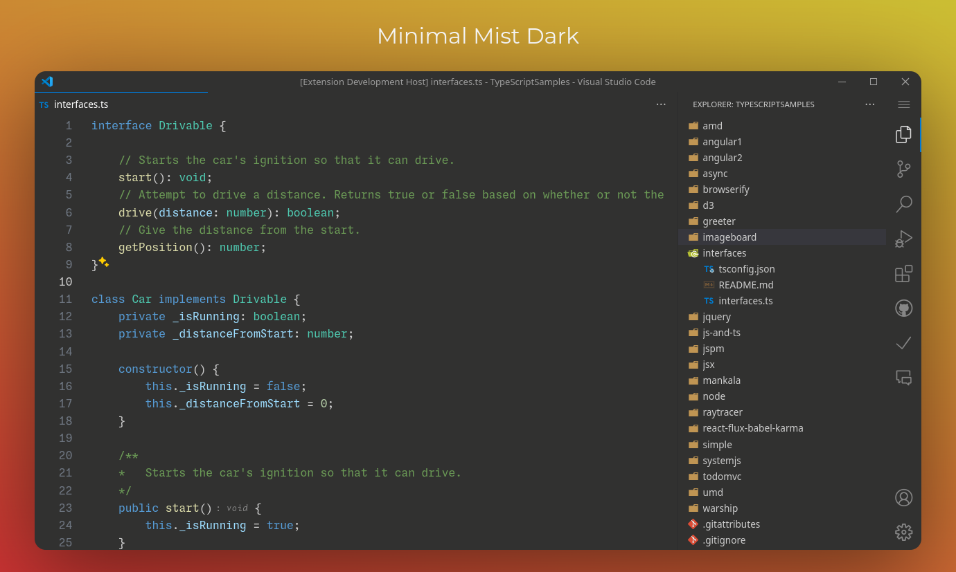 Screenshot of VSCode with Minimal Mist theme in dark mode, editing a TypeScript file
